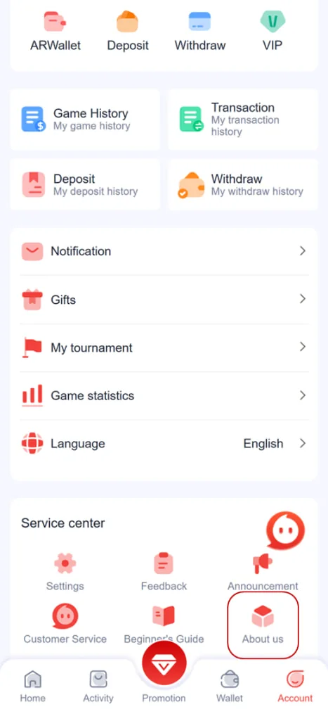 82 Lottery account menu highlighting the About option