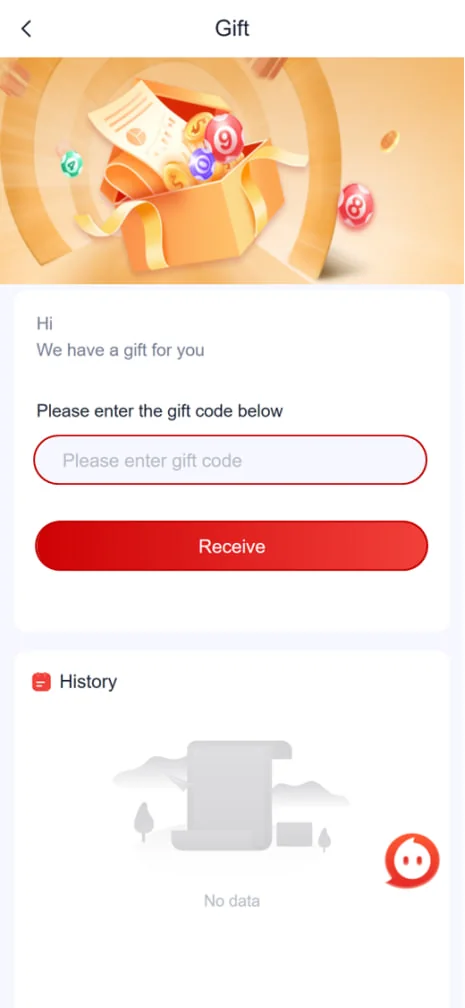 82 Lottery gift screen with code field and Receive button